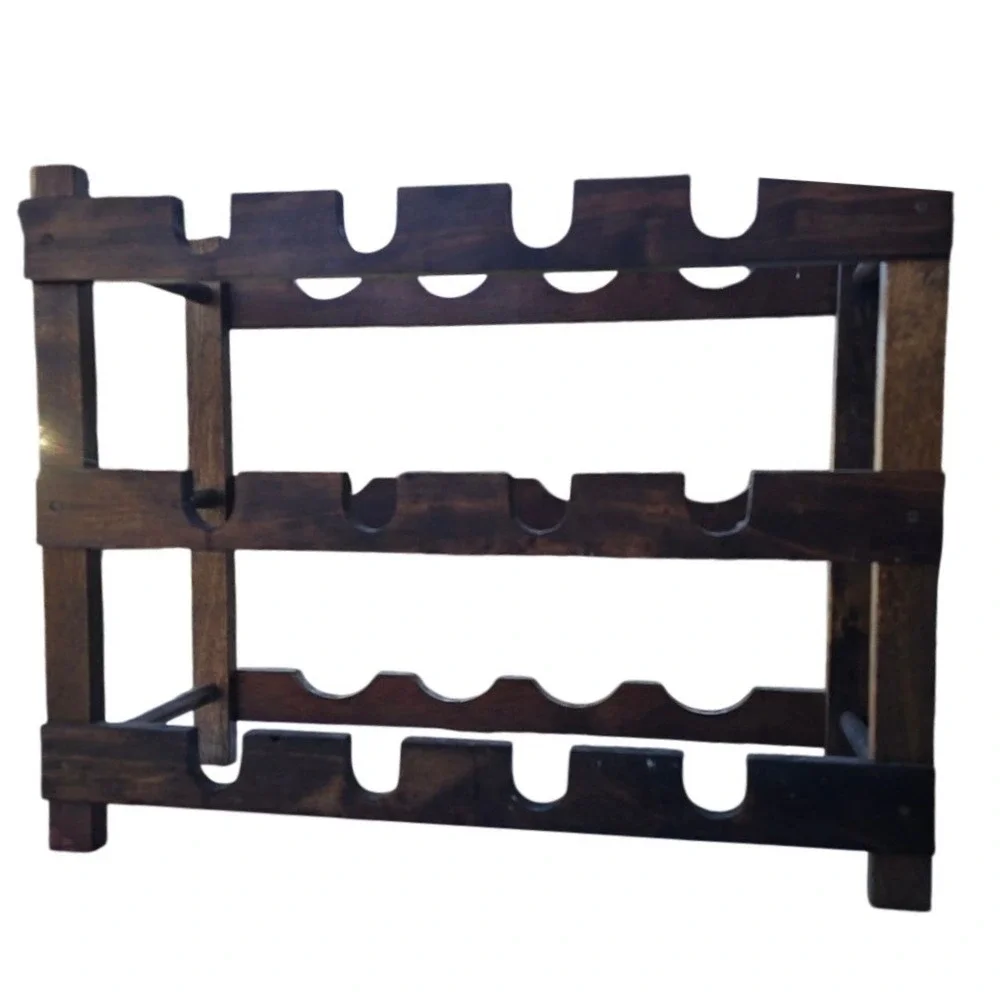 Vintage Rustic Dark Wood 12 Bottle Stackable Wine Rack Freestanding Scalloped‎